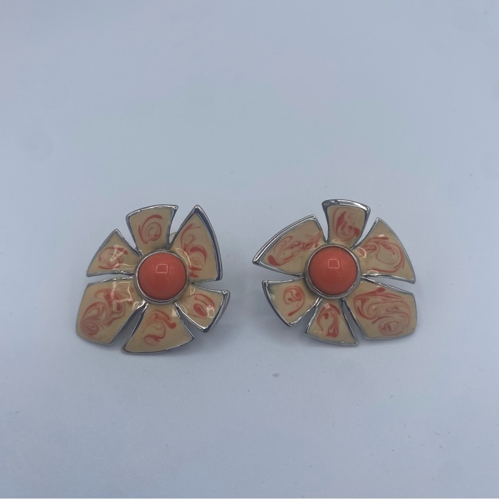 Gorgeous Enam Floral Earrings with Coral and Cream Accents